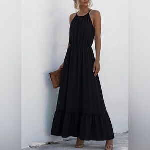 Tiered Halter Elegant Black Maxi Dress- Black Tie, Formal, Timeless, Ruffle